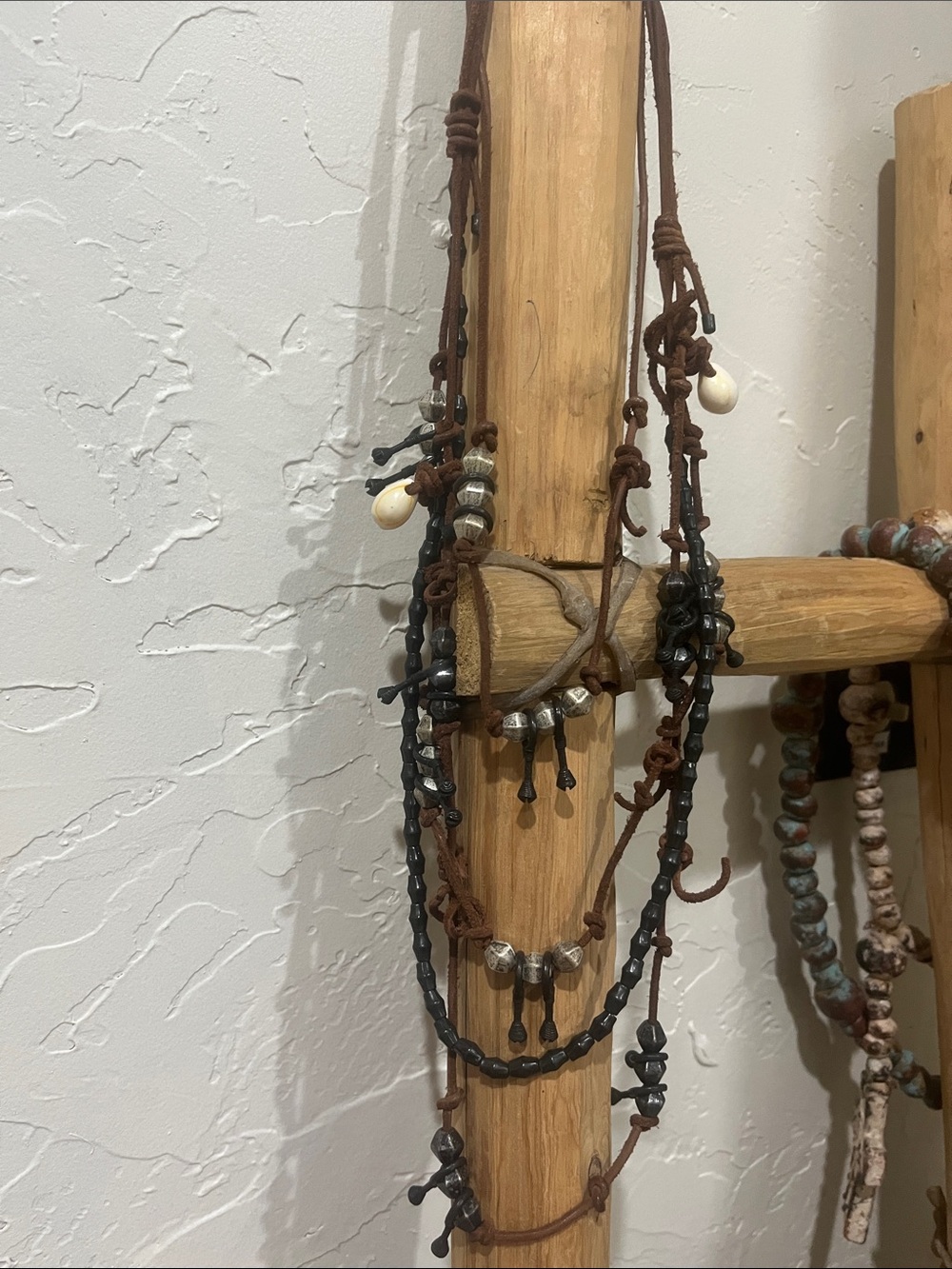 Bohemian Brown Cord Layered Necklace with Black Beads and Silver Accents